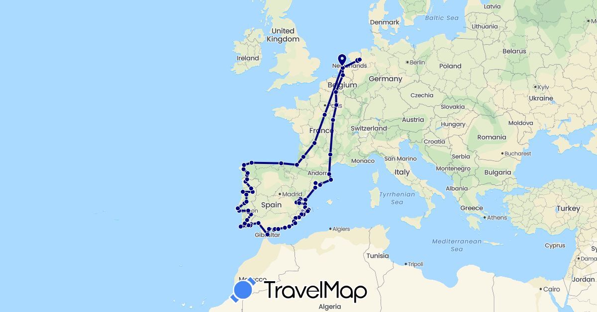 TravelMap itinerary: driving in Belgium, Spain, France, Netherlands, Portugal (Europe)